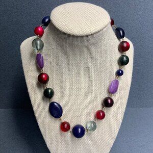 Multi-Color Beaded Necklace 20 In Red Blue Green Purple Silver Organic Round 80s